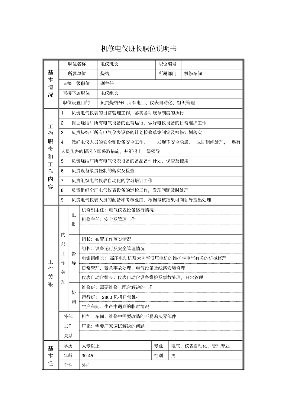 机修电仪班长职位说明书_第1页