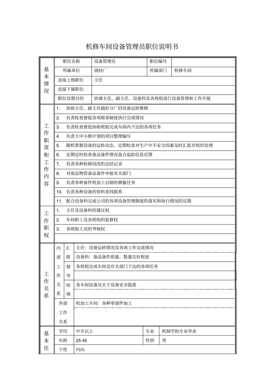 机修车间设备管理员职位说明书_第1页