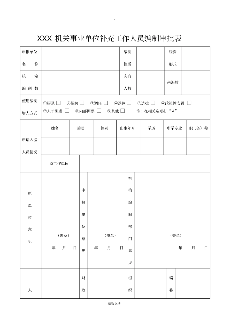 机关事业单位人员编制审批表_第1页