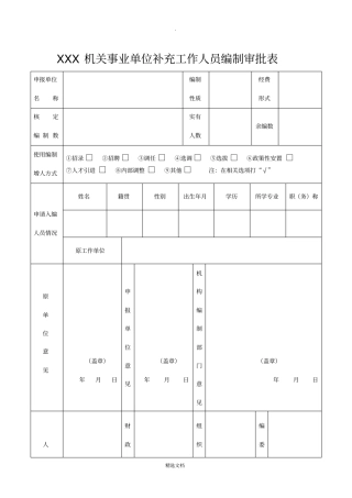 机关事业单位人员编制审批表