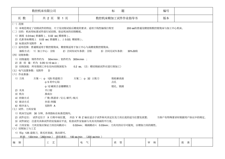 机床作业规范精加工作业指导规范数控机床精加工试件作业指导书_第1页