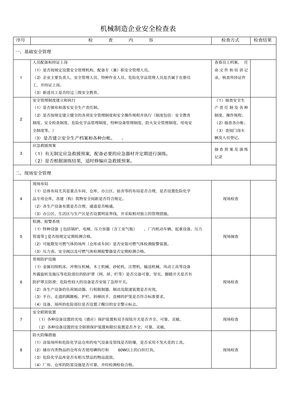 机械制造企业安全检查表_第1页