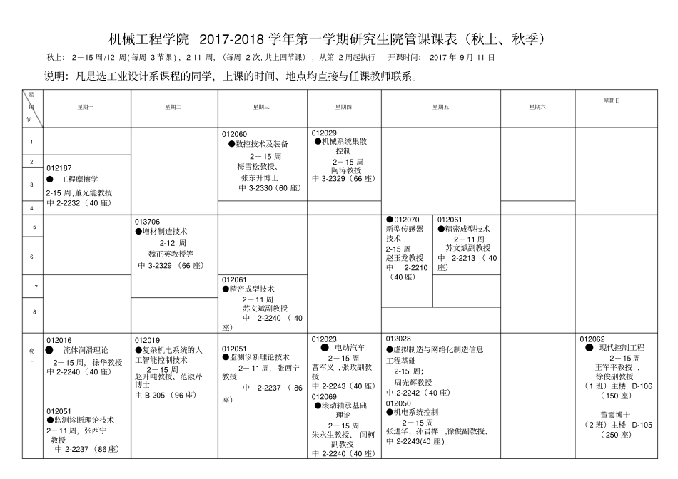 机械工程学院2017-2018学年第一学期研究生院管课课表秋_第1页