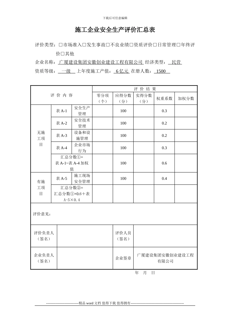 施工企业安全生产评价表()_第1页