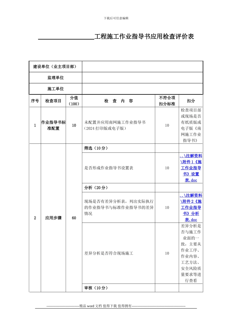 施工作业指导书应用检查评价表_第1页