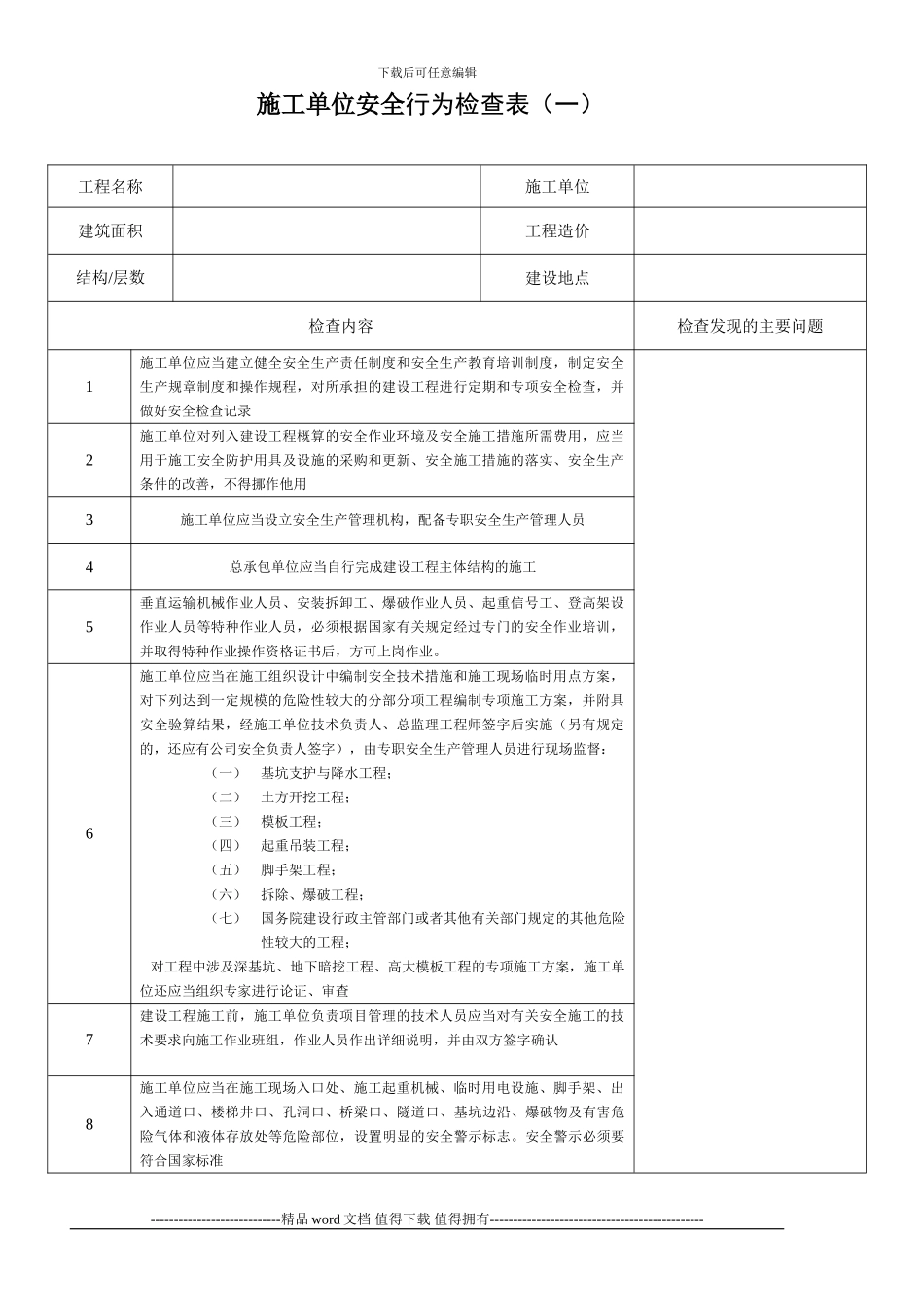 施工单位安全行为检查表_第1页