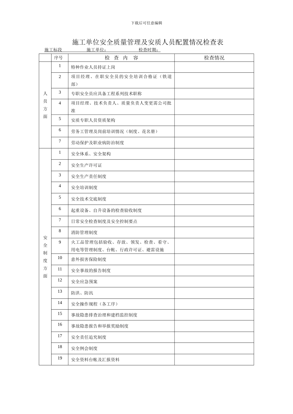 施工单位安全质量管理及安质人员配置情况检查表_第1页