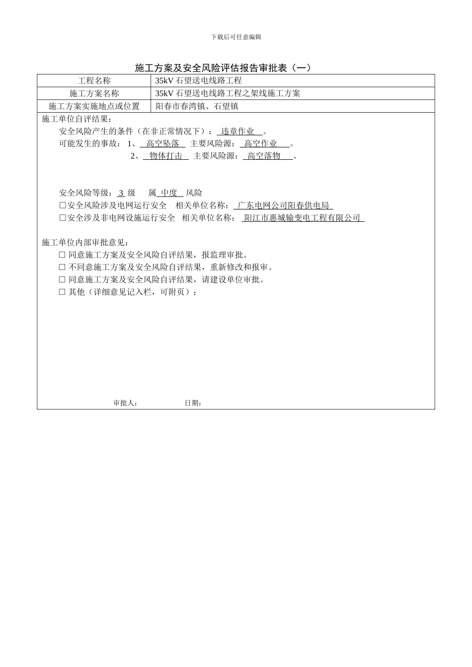 施工方案及安全风险评估报告审批表_第1页