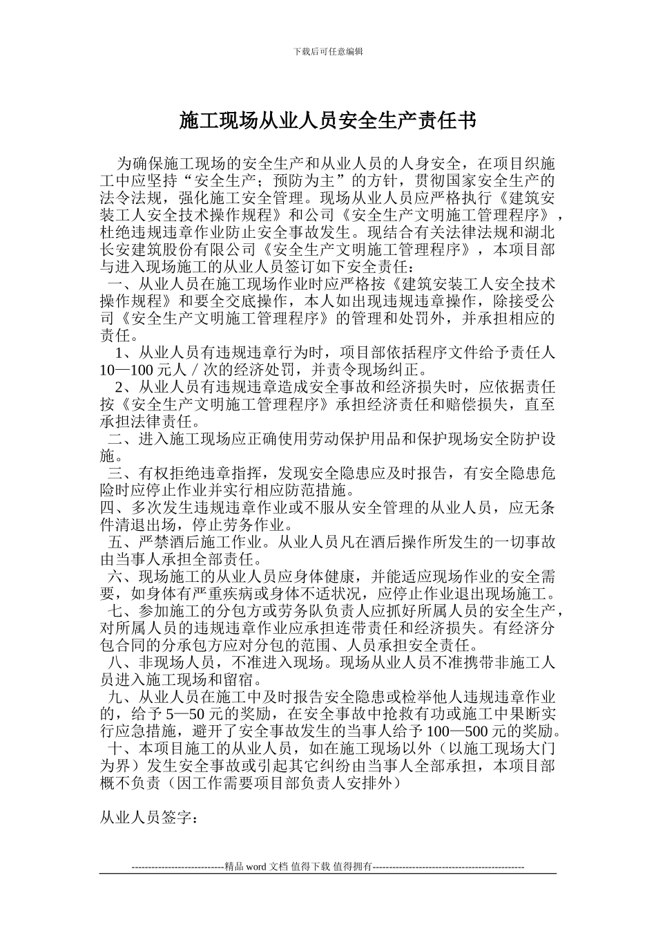 施工现场从业人员安全生产责任书_第1页