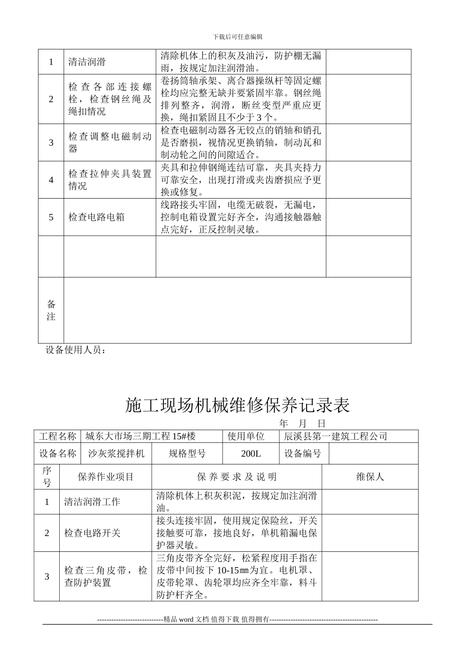 施工现场机械设备维修保养记录表_第2页