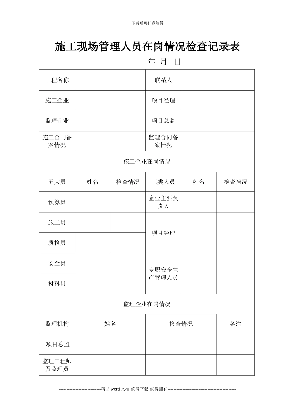 施工现场管理人员在岗情况检查记录表_第1页
