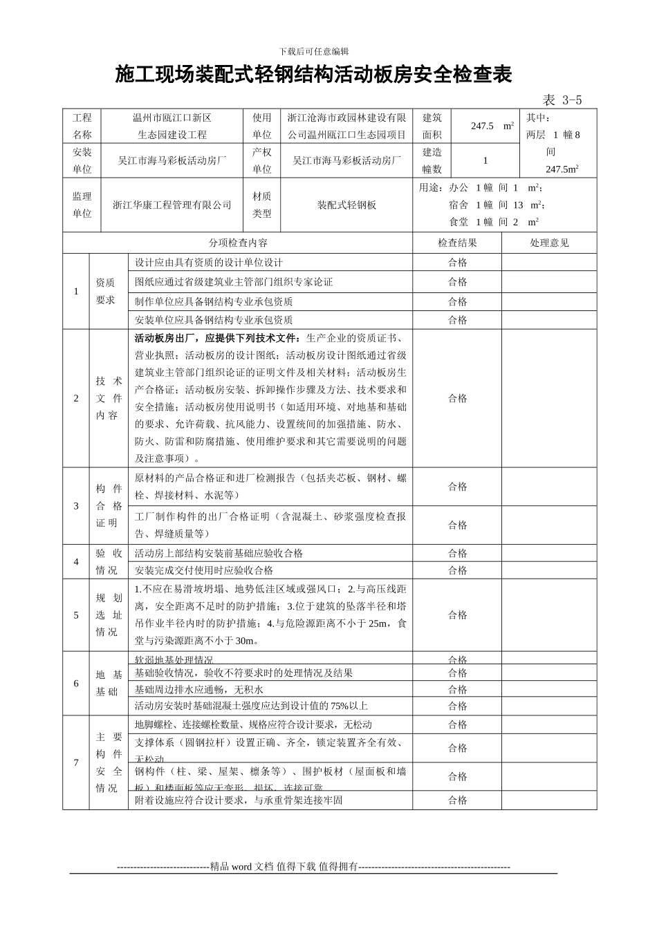 施工现场装配式轻钢结构活动板房安全检查表_第1页