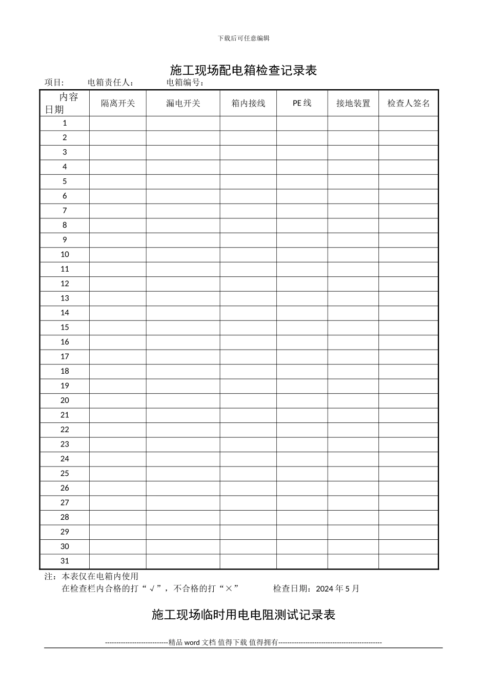 施工现场配电箱检查记录表_第1页