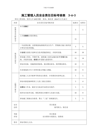 施工管理人员安全责任目标考核表