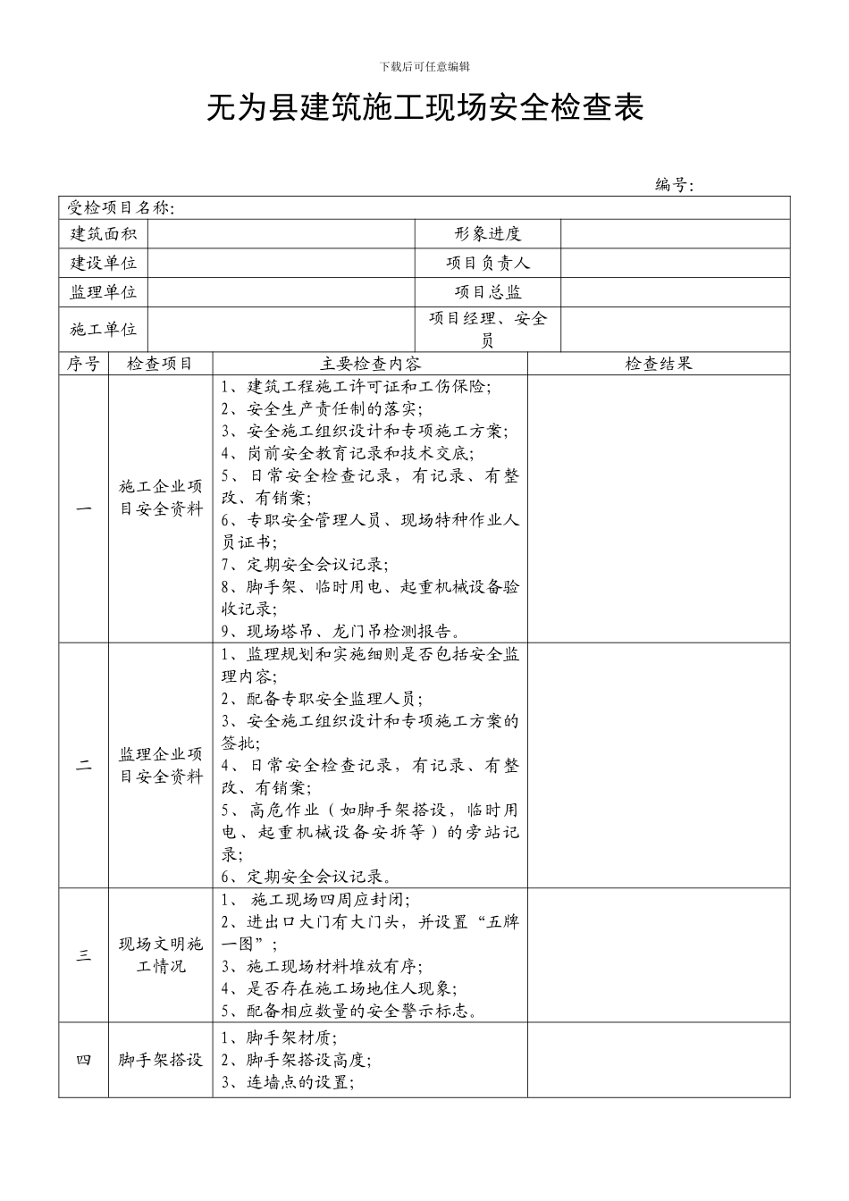 无为县建筑施工现场安全检查表_第1页