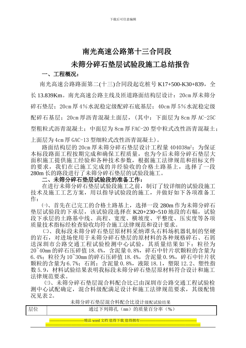 未筛分碎石垫层试验段施工总结报告_第1页