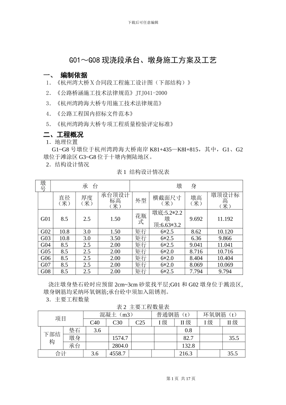 杭州湾跨海大桥承台、墩身施工方案及工艺_第2页