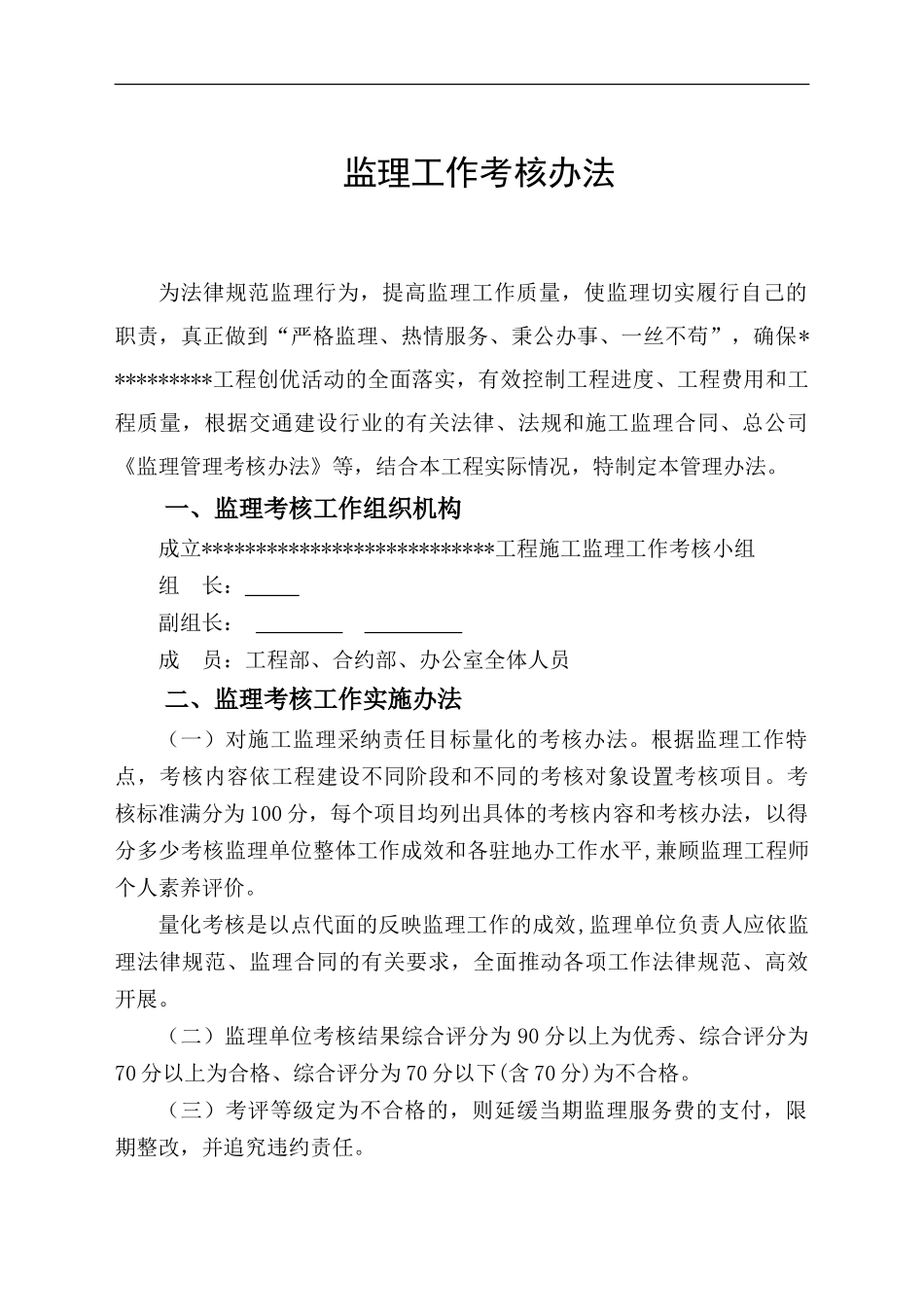 某工程监理工作考核办法-secret_第1页