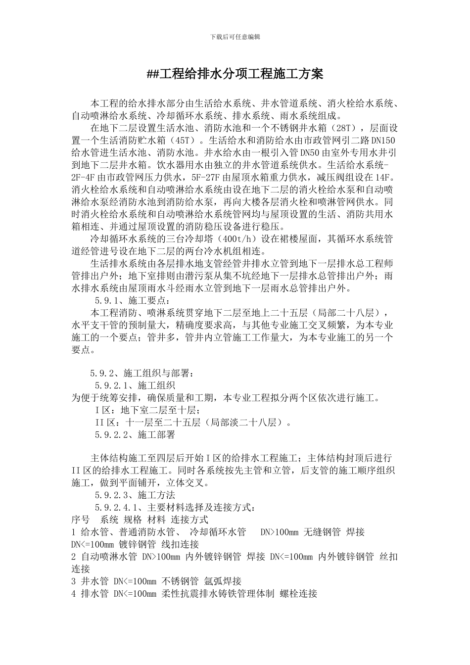 某工程给排水分项工程施工方案-secret_第1页