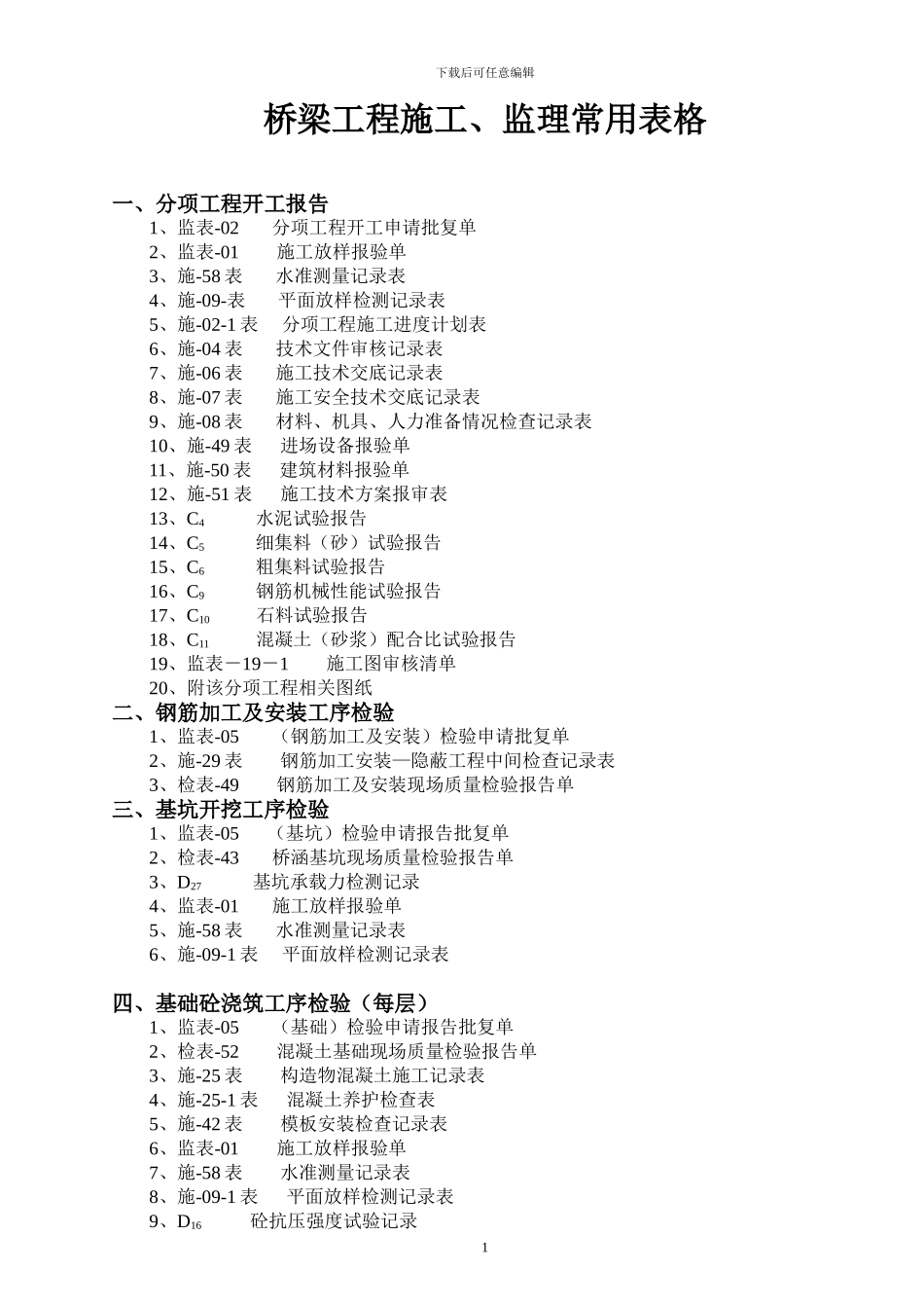 桥梁工程施工、监理常用表格_第1页