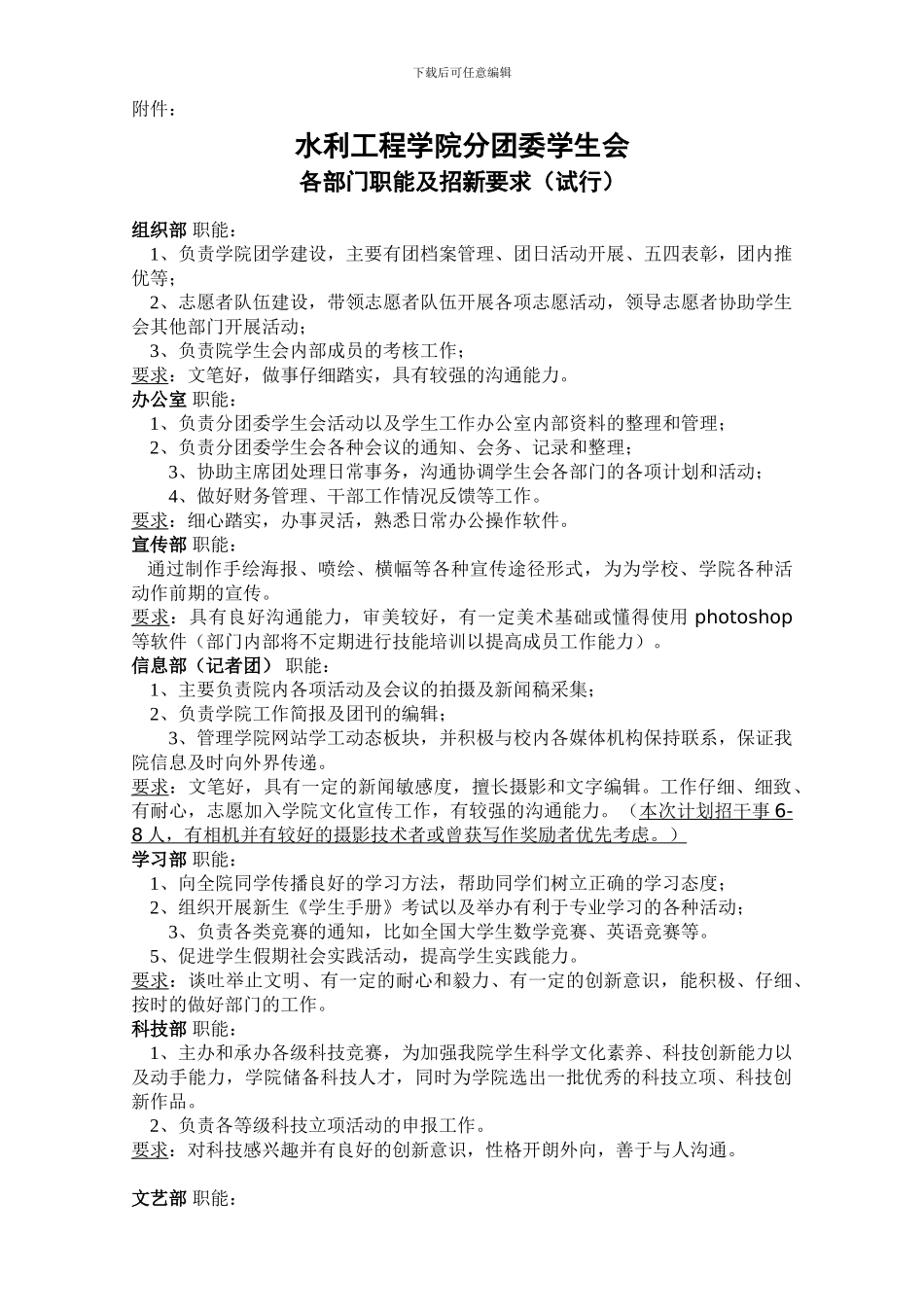 水利工程学院学生会部门职能2024_第1页