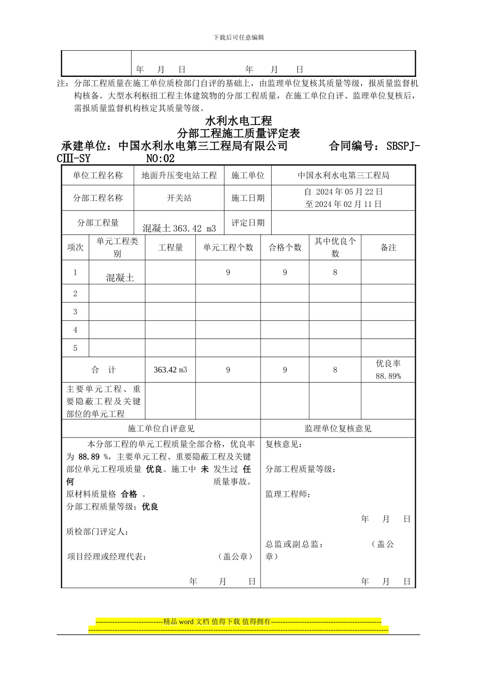 水利水电工程分部工程施工质量评定表_第2页