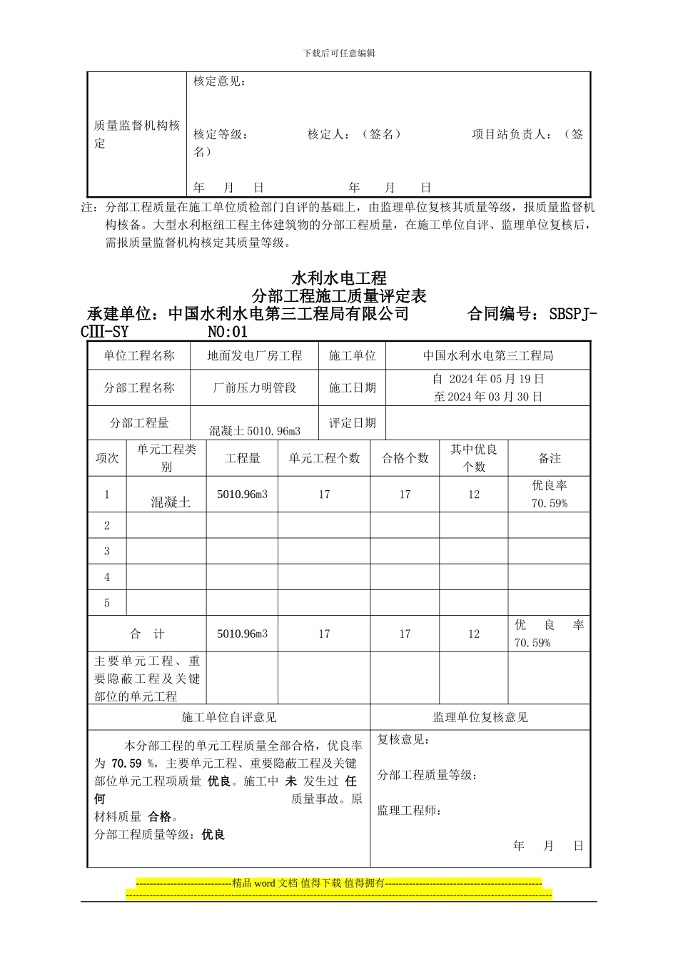 水利水电工程分部工程施工质量评定表_第3页