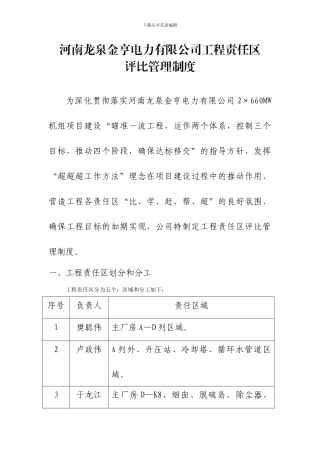 河南龙泉金亨电力有限公司工程责任区评比管理制度