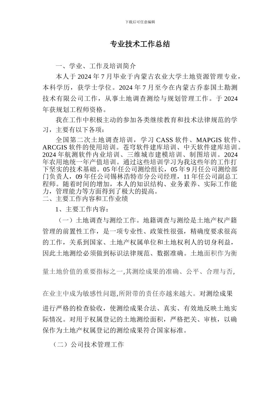 测量高级工程师技术工作总结_第1页