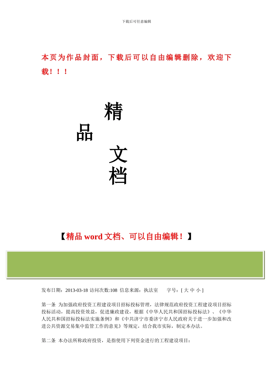 济宁市政府投资工程建设项目招标投标管理办法_第1页