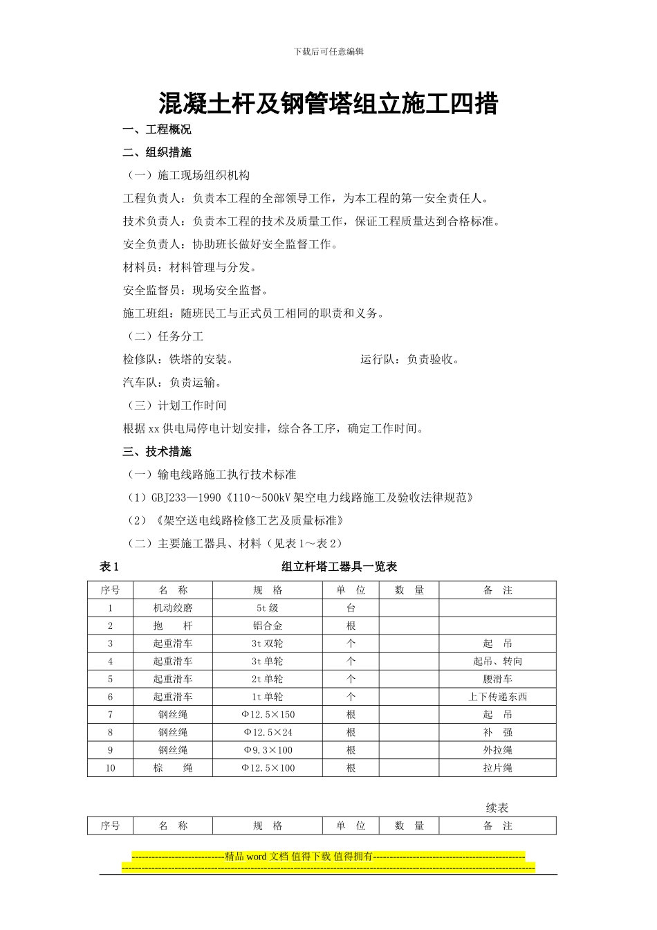 混凝土杆及钢管塔组立施工四措_第1页