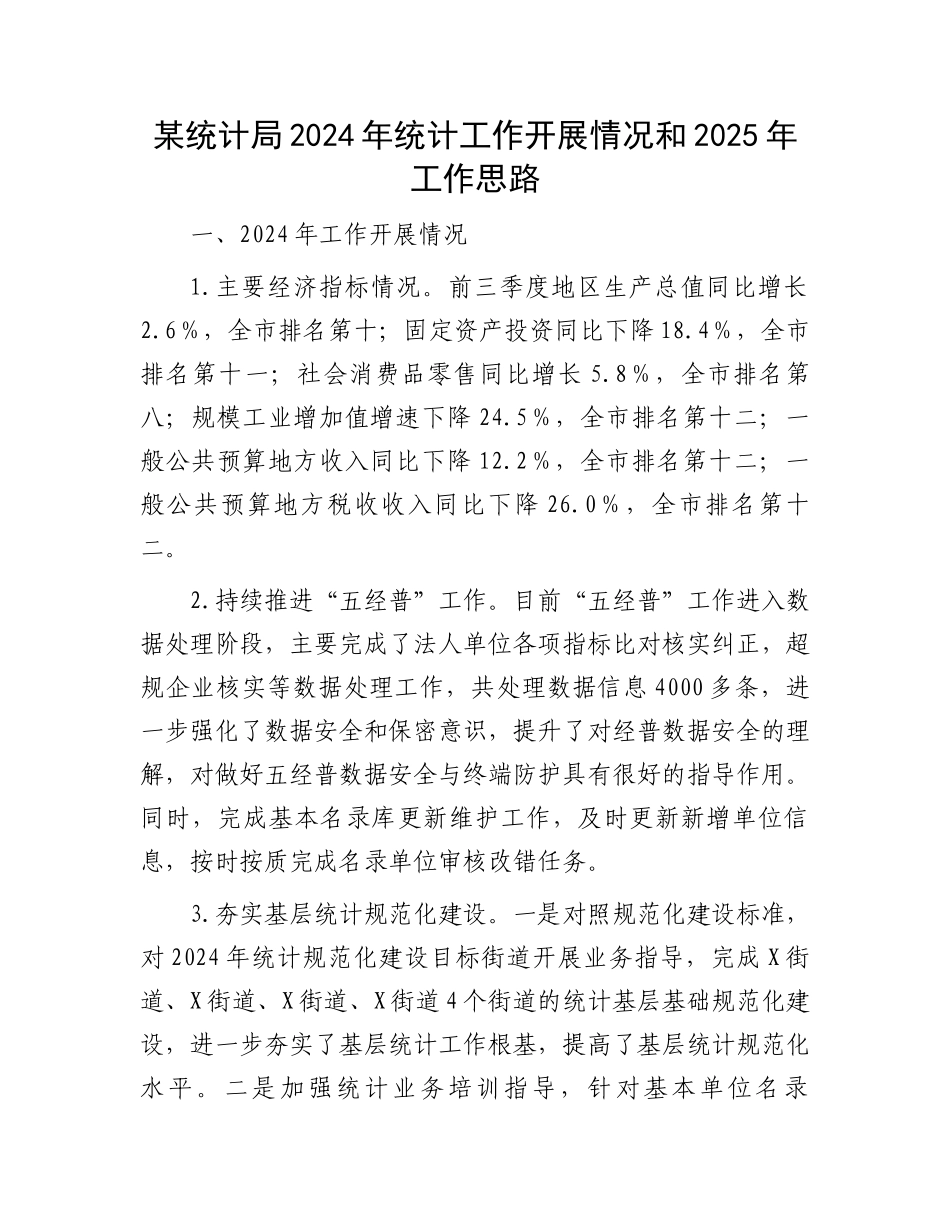 某统计局2024年统计工作开展情况和2025年工作思路_第1页