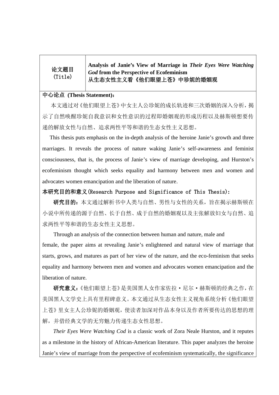 从生态女性主义看《他们眼望上苍》中珍妮的婚姻观 开题报告双语版_第2页