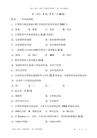 2013上海市(高校)计算机应用基础(一级)考试概念题
