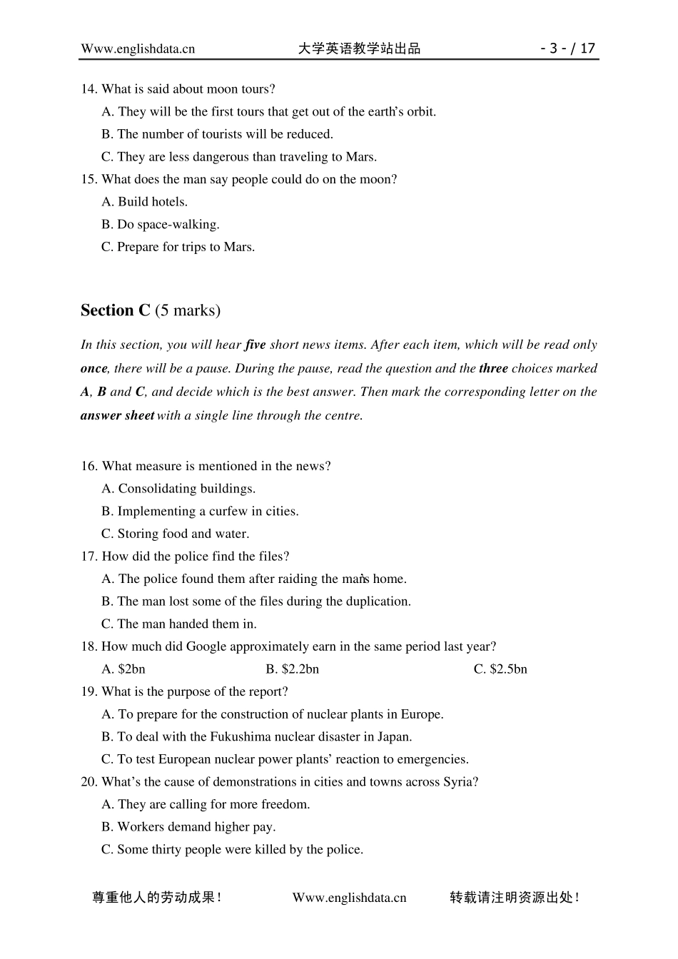 2013全国大学生英语竞赛真题试卷(A类)_word版(含完整图片)_第3页