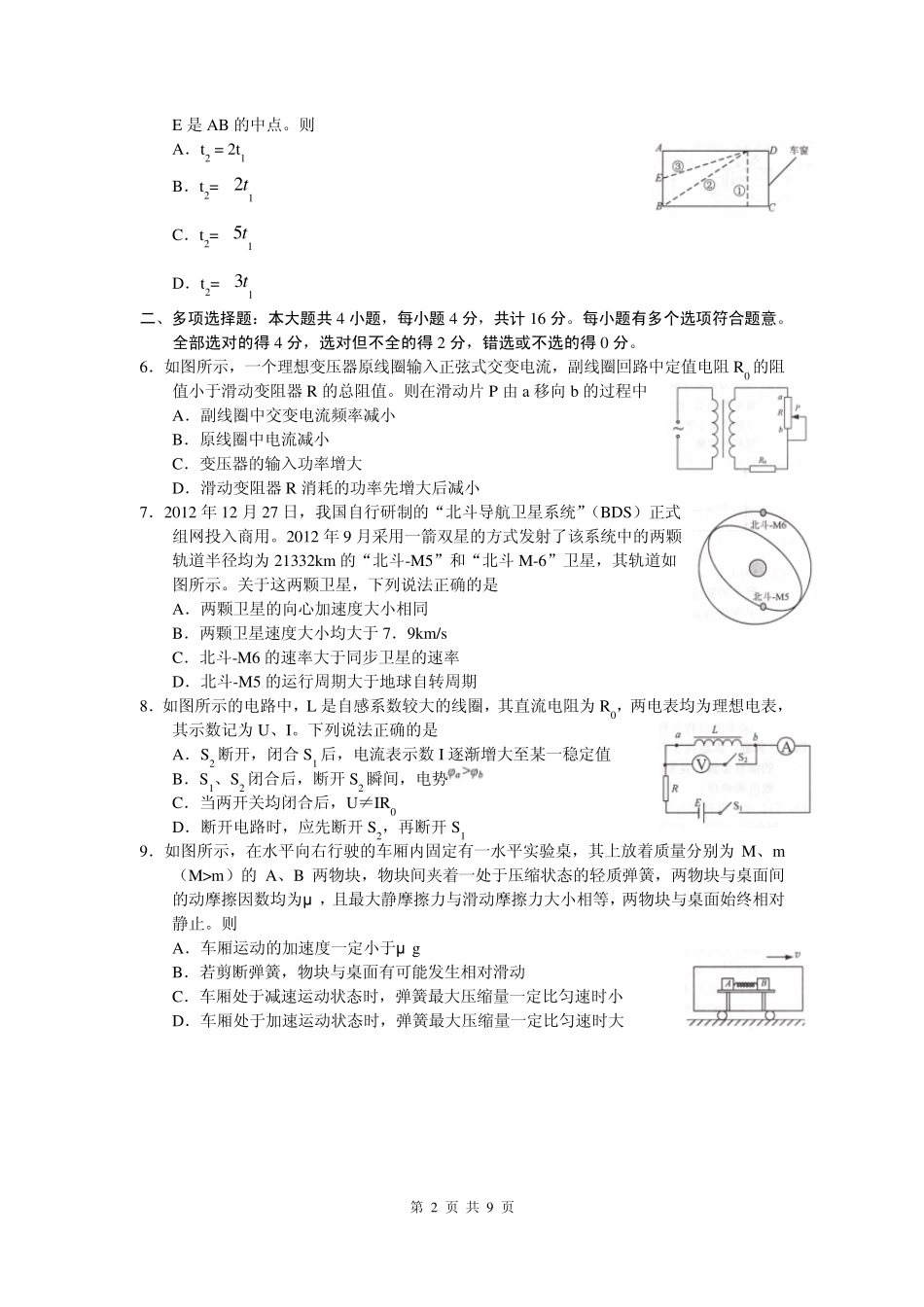 2013届江苏省高三教学情况调查物理卷(2013.05)_第2页