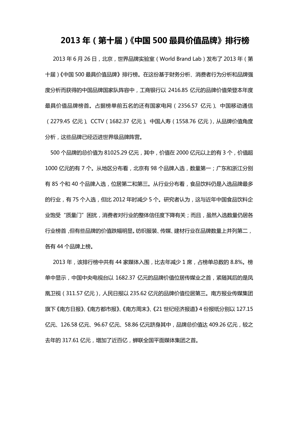 2013年(第十届)《中国500最具价值品牌》排行榜_第1页