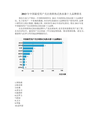 2013年中国最受用户关注的即热式热水器十大品牌排名