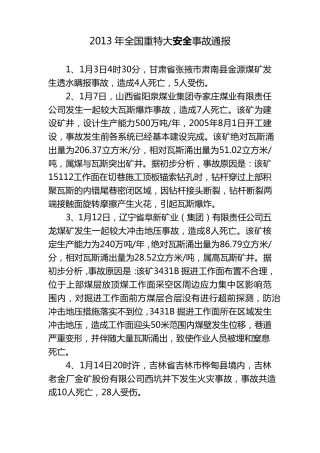 2013年全国重特大安全事故及死亡人数不完全统计