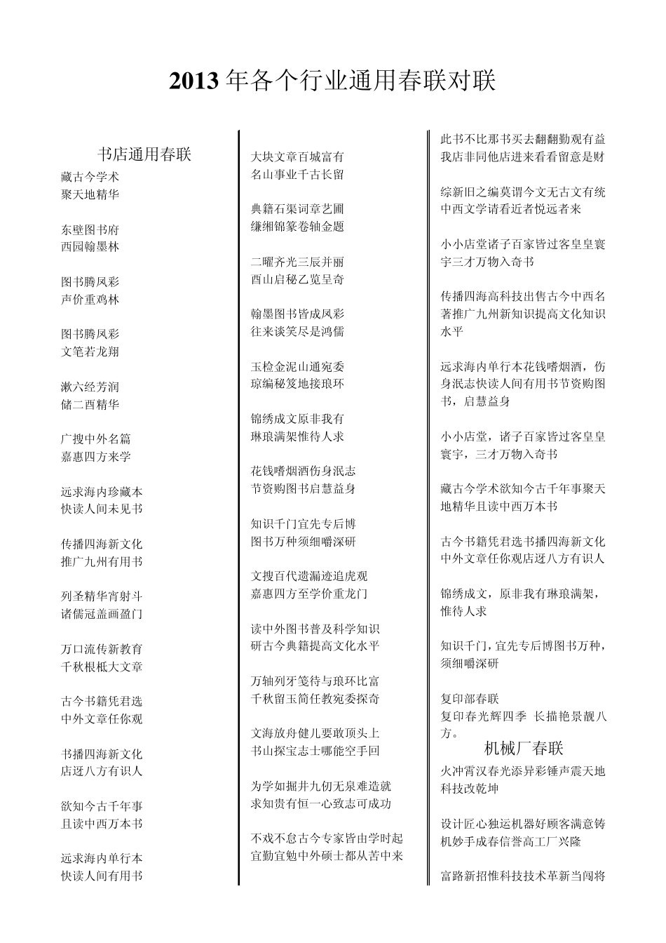 2013年分行业通用春联集锦_第1页