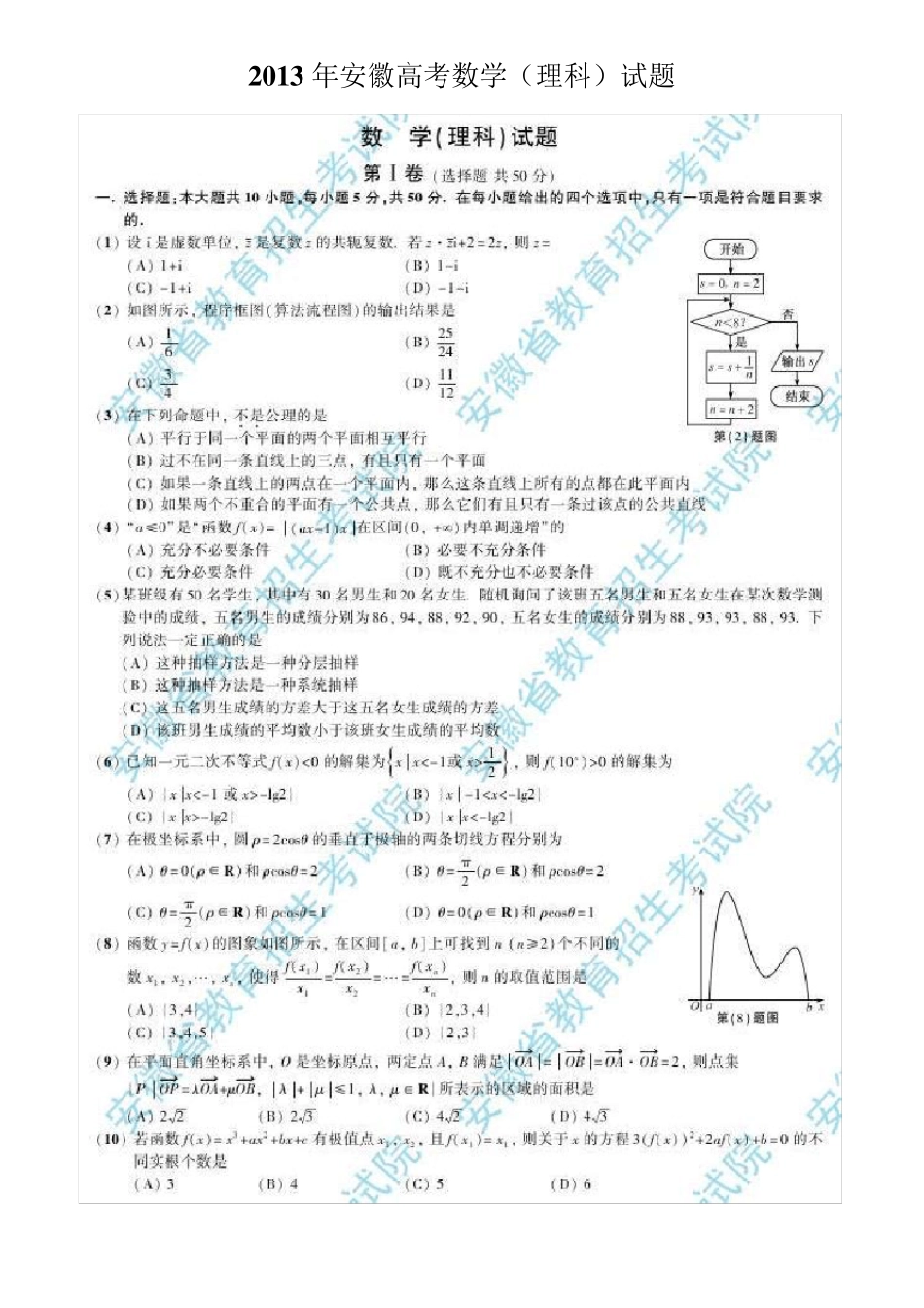 2013年安徽高考数学(理科)试题及参考答案_第1页
