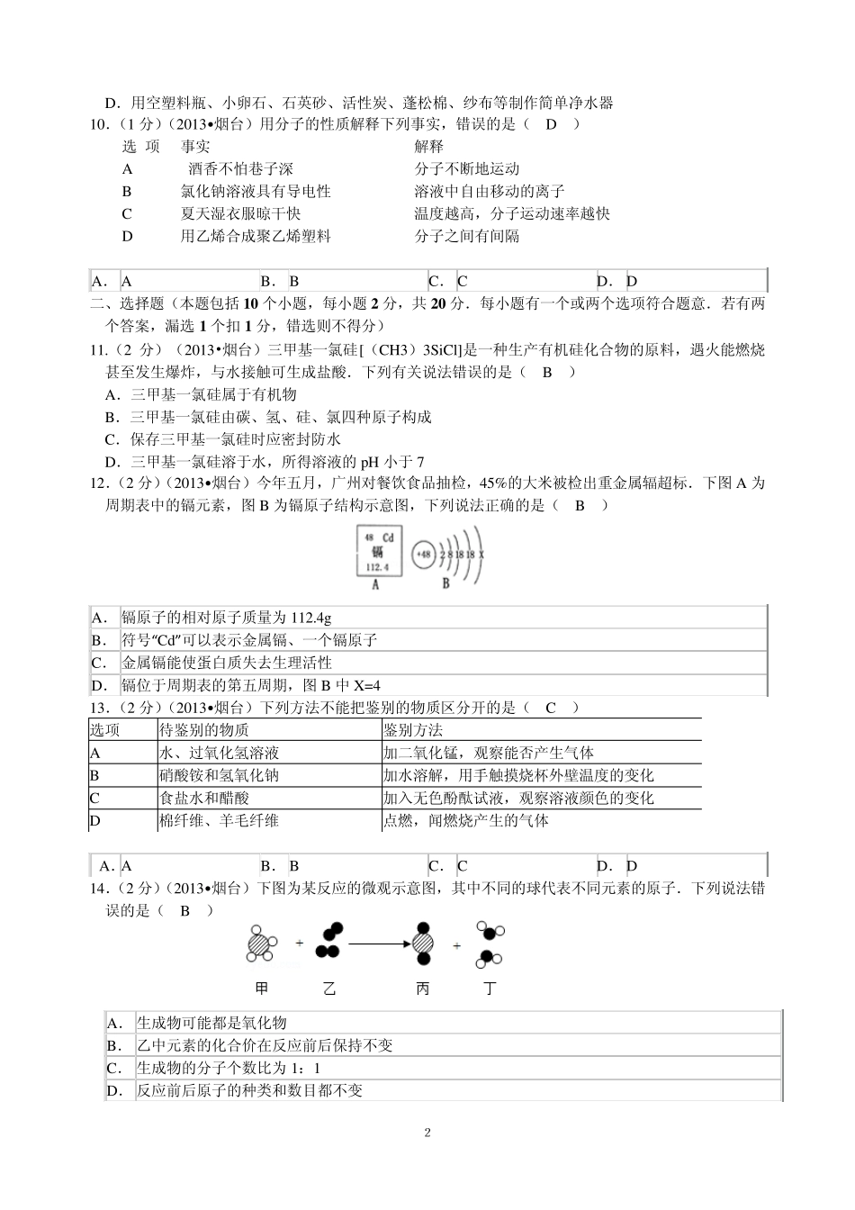 2013年山东省烟台市中考化学试题(含答案word版)_第2页