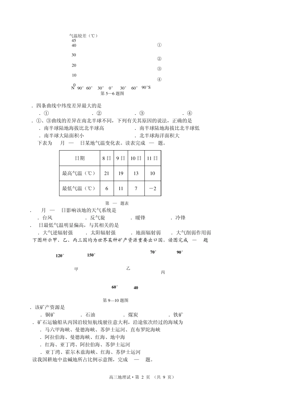 2013年杭州市第一次高考科目教学质量检测地理试卷(含参考答案)_第2页