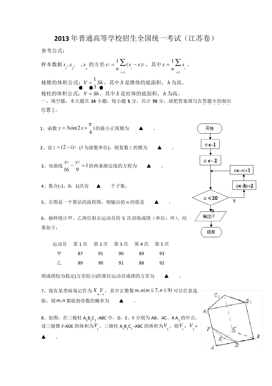 2013年江苏高考数学试题和答案(含理科附加)_第1页