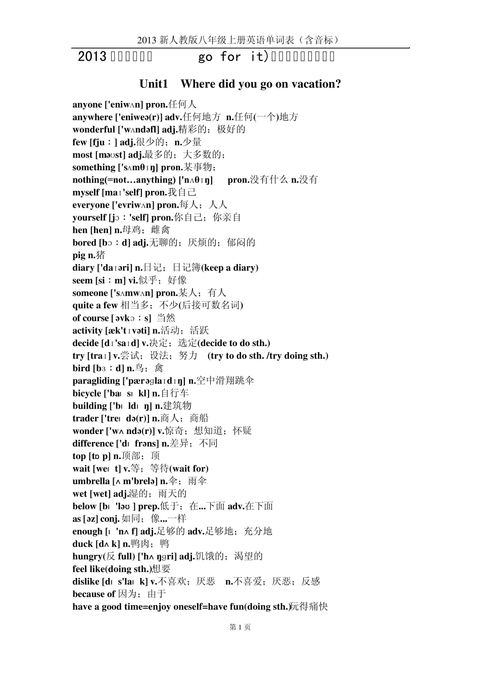 2013新人教版八年级上册英语单词表(含音标全册)_第1页