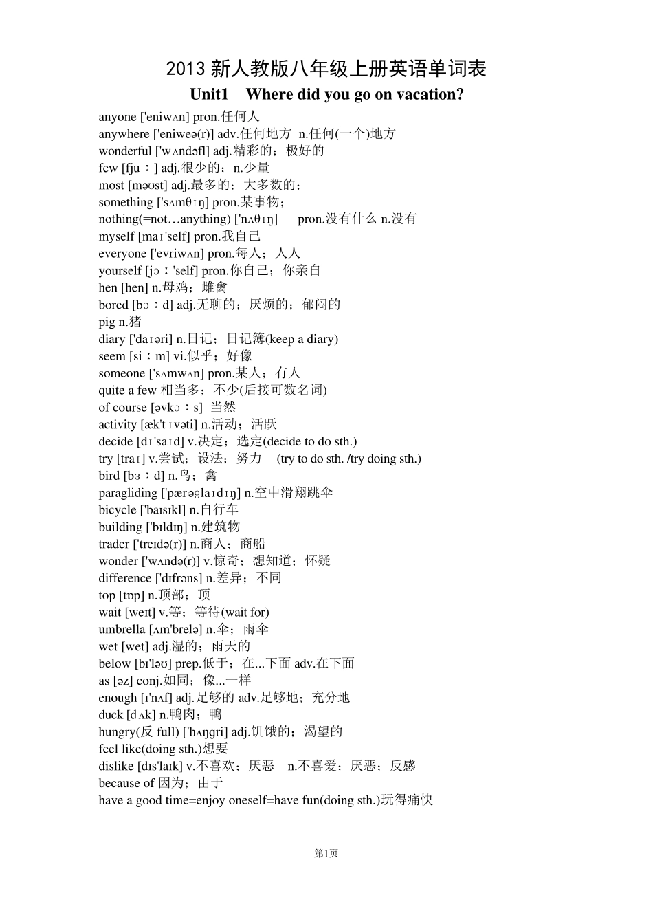 2013新人教版八年级上册英语单词表全(可打印)_第1页