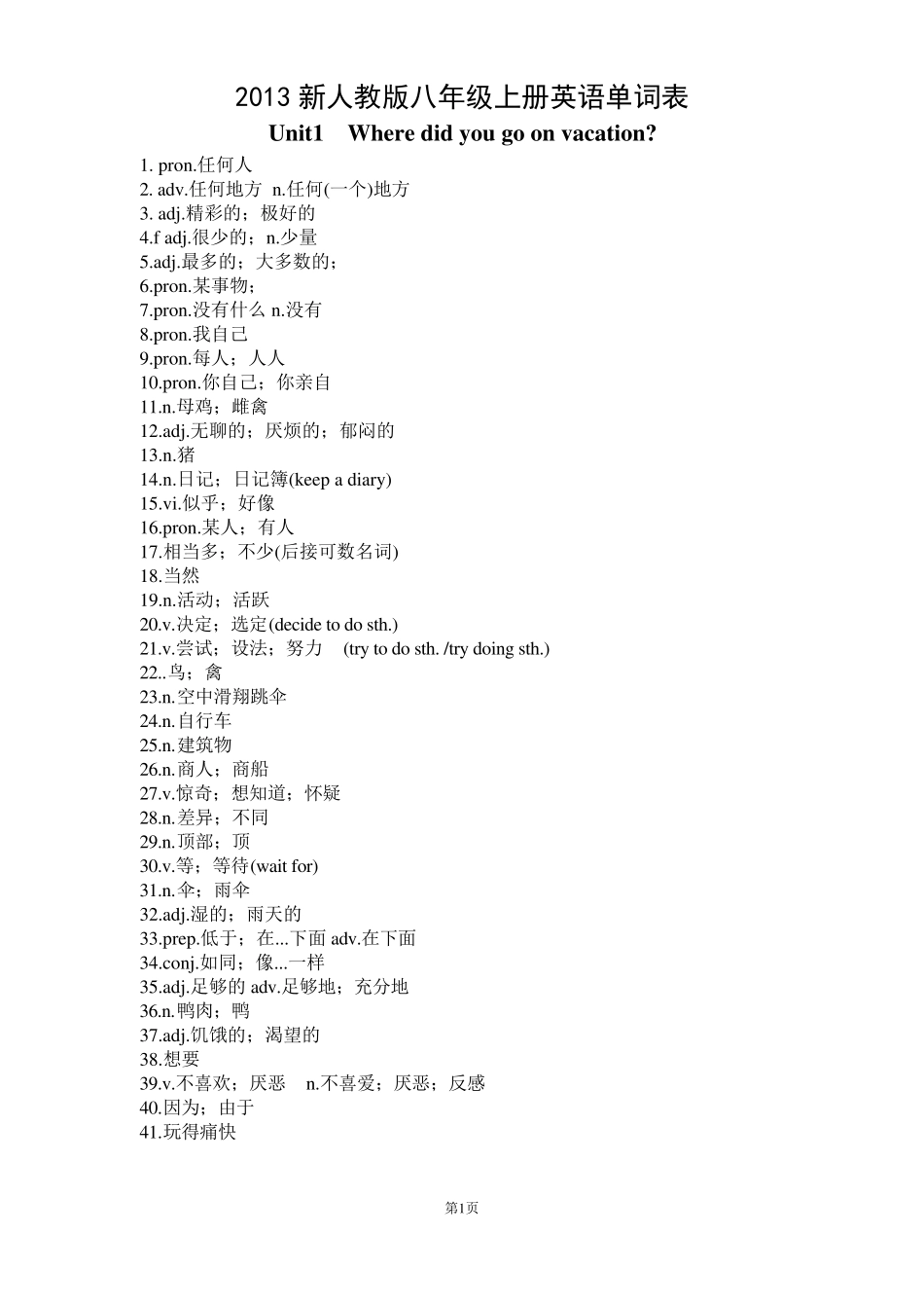 2013新人教版八年级上册英语单词表默写版_第1页