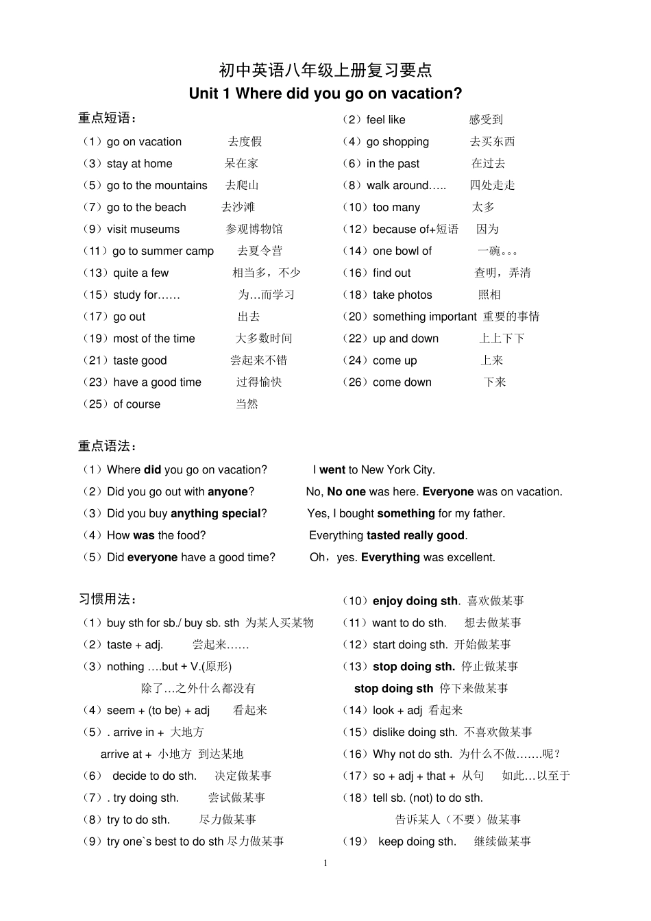 2013新人教版八年级上册英语知识要点短语句型语法讲解_第1页