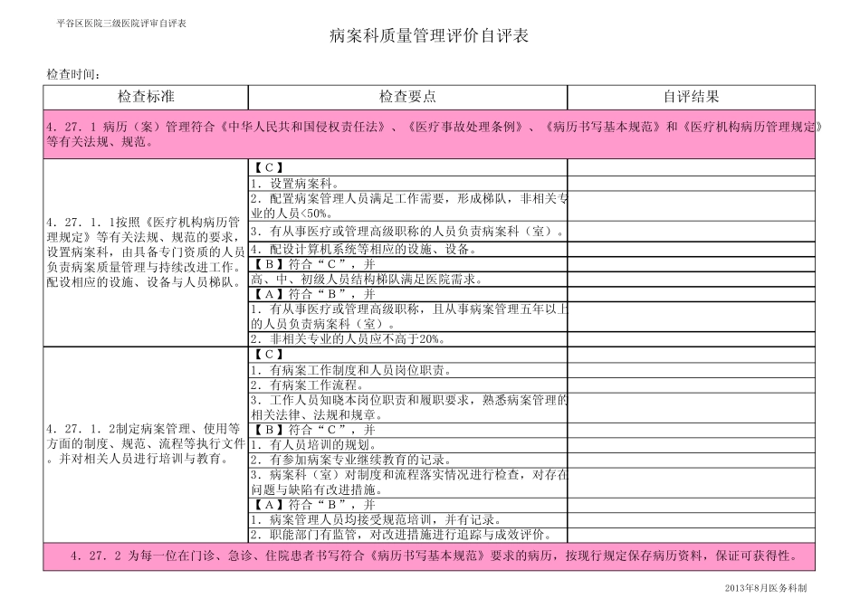 2013病案科三级医院评审自评表_第1页
