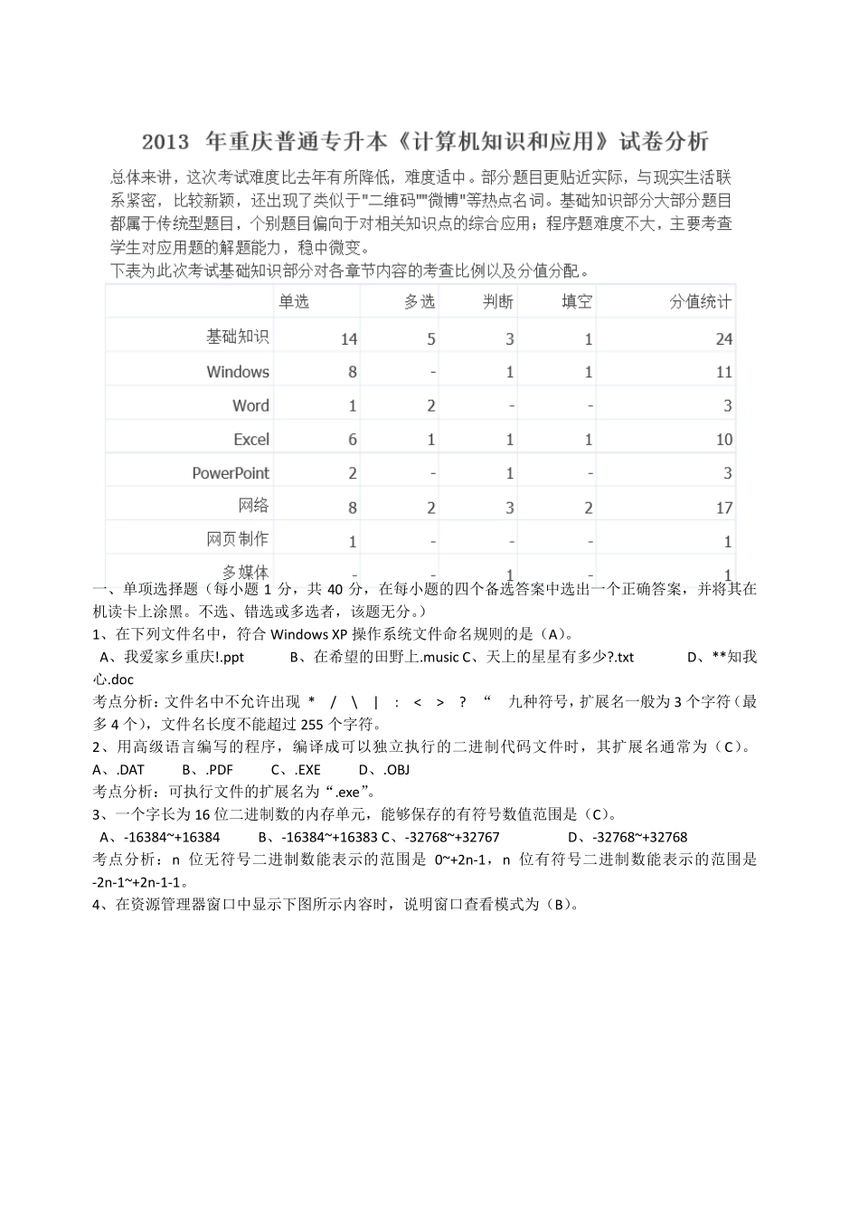 2013重庆专升本计算机原题分析_第1页